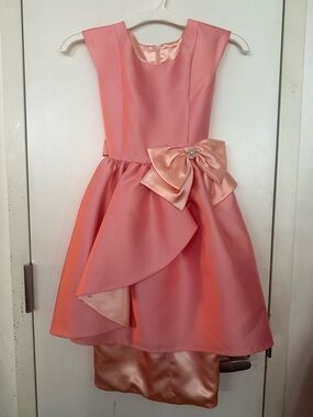 Girls' Coral Pink Satin Bow Party Dress
